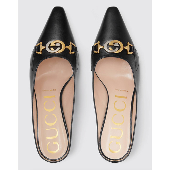 Gucci Zumi Black Leather Silver Gold GG Kitten Heel Mule Slide Loafer Pump 37 - Picture 7 of 12
